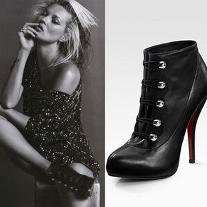 Louboutin Black Leather Fifre Corset Button Ankle Booties 37. Heel is 5”